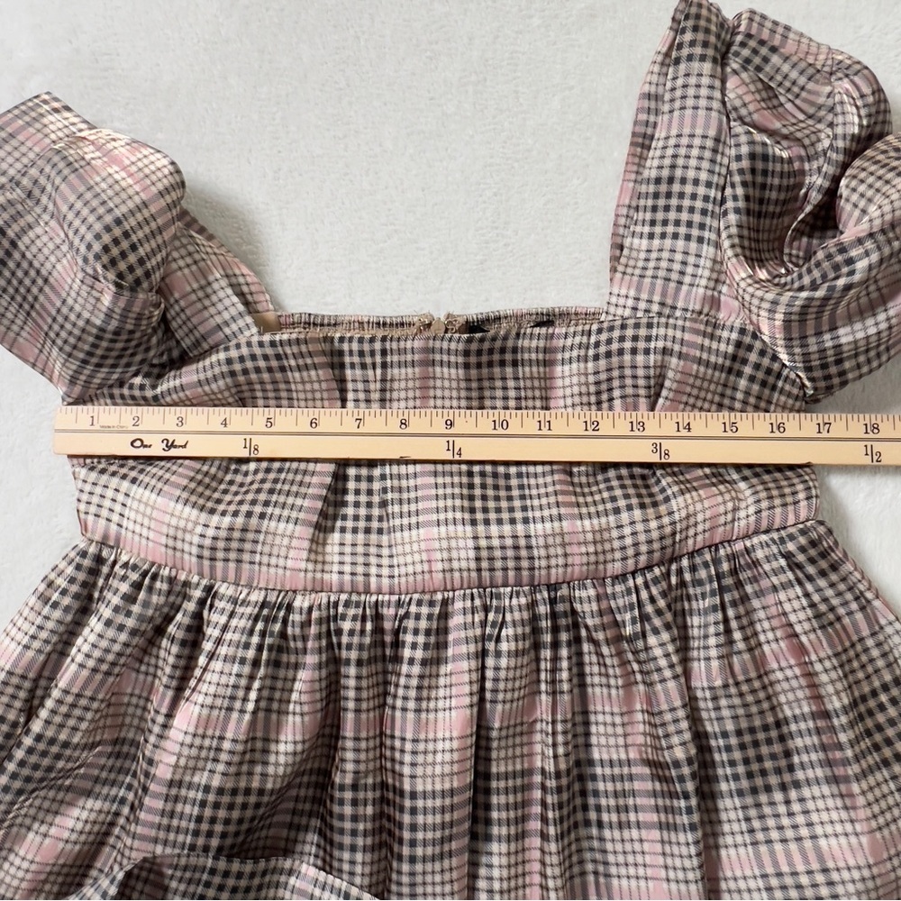 EN SAISON Plaid Organza Babydoll Mini Dress Sz L Puffy Short Sleeve - Picture 15 of 16